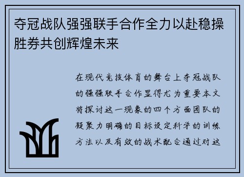 夺冠战队强强联手合作全力以赴稳操胜券共创辉煌未来