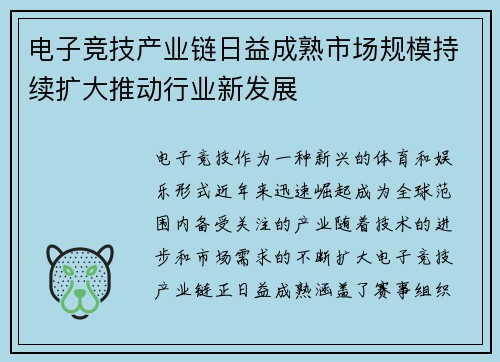 电子竞技产业链日益成熟市场规模持续扩大推动行业新发展