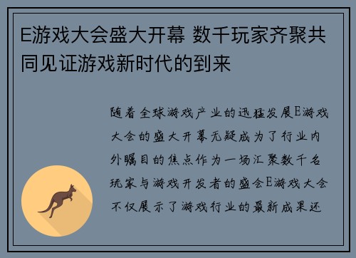 E游戏大会盛大开幕 数千玩家齐聚共同见证游戏新时代的到来