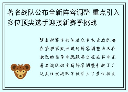 著名战队公布全新阵容调整 重点引入多位顶尖选手迎接新赛季挑战