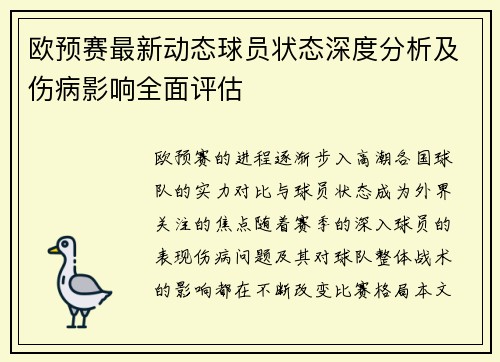 欧预赛最新动态球员状态深度分析及伤病影响全面评估