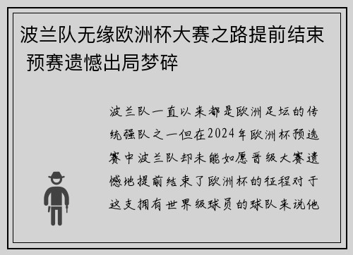 波兰队无缘欧洲杯大赛之路提前结束 预赛遗憾出局梦碎