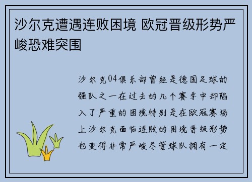 沙尔克遭遇连败困境 欧冠晋级形势严峻恐难突围
