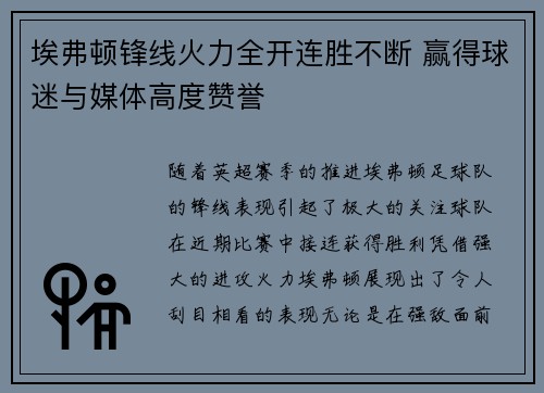 埃弗顿锋线火力全开连胜不断 赢得球迷与媒体高度赞誉