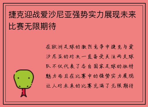 捷克迎战爱沙尼亚强势实力展现未来比赛无限期待