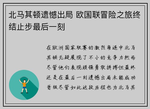 北马其顿遗憾出局 欧国联冒险之旅终结止步最后一刻