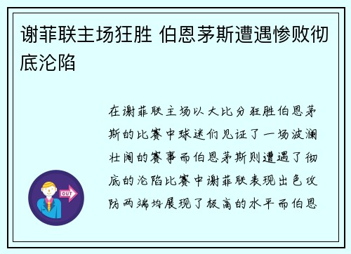 谢菲联主场狂胜 伯恩茅斯遭遇惨败彻底沦陷