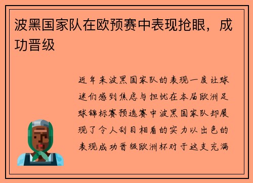 波黑国家队在欧预赛中表现抢眼，成功晋级