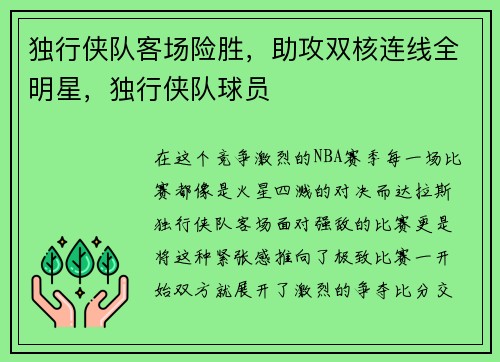 独行侠队客场险胜，助攻双核连线全明星，独行侠队球员