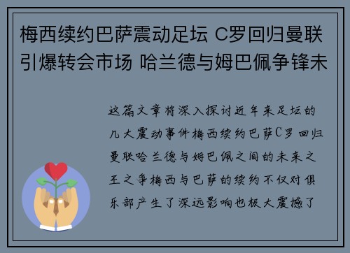 梅西续约巴萨震动足坛 C罗回归曼联引爆转会市场 哈兰德与姆巴佩争锋未来之王