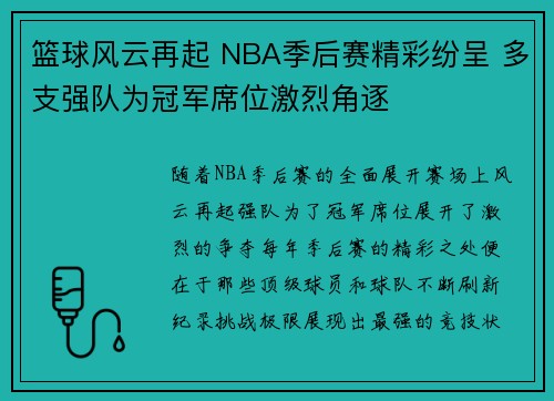 篮球风云再起 NBA季后赛精彩纷呈 多支强队为冠军席位激烈角逐