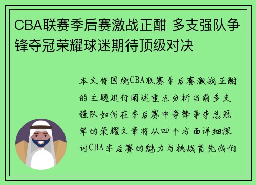 CBA联赛季后赛激战正酣 多支强队争锋夺冠荣耀球迷期待顶级对决