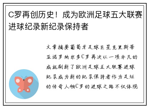 C罗再创历史！成为欧洲足球五大联赛进球纪录新纪录保持者