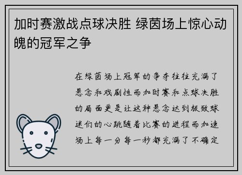 加时赛激战点球决胜 绿茵场上惊心动魄的冠军之争
